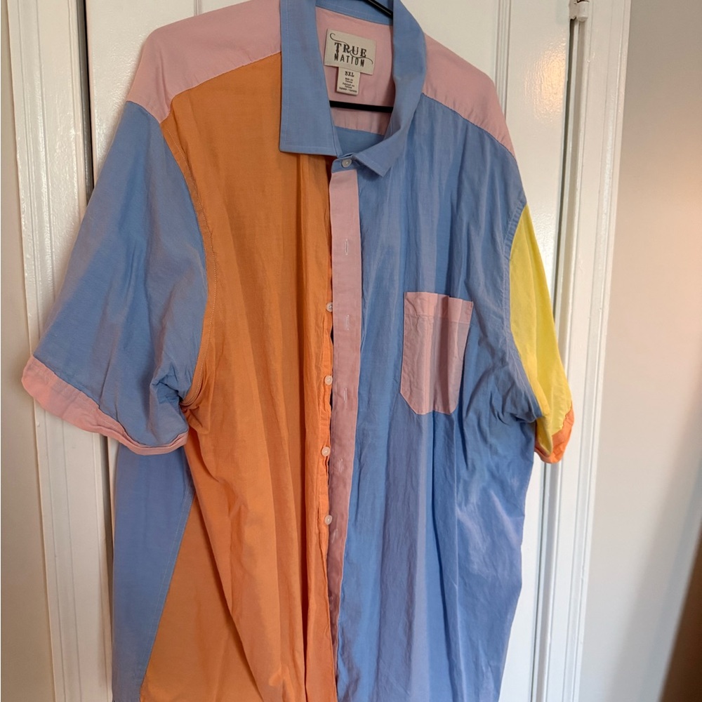 Big and Tall Blue and Orange Casual Button Down Shirt with Color Block Design